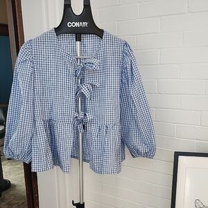 Blue Gingham Blouse with Bow Details, Large